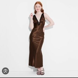 Lace Trim Satin Midi Dress